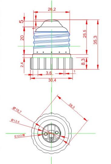 E26 to E12 Plastic lamp holder adapter technical drawing