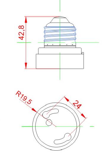 E26 to E24 Plastic lamp holder adapter technical drawing
