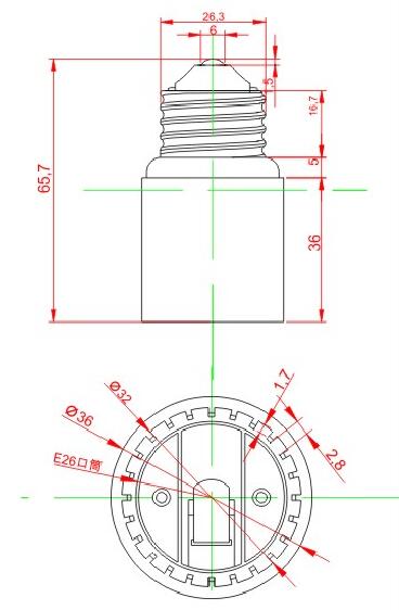 E26 to E26 Plastic lamp holder adapter technical drawing