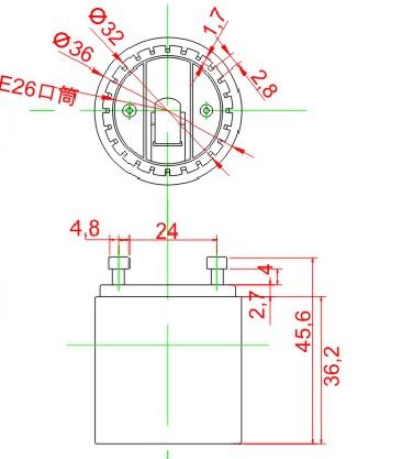 GU24 to E26 plastic lamp holder adapter technical drawing