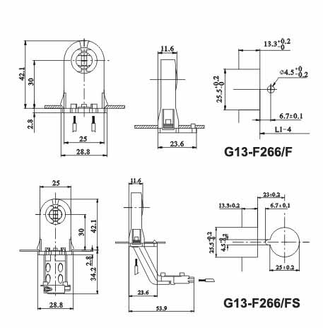 T8 G13 fluorescent LED lamp holders with starter drawing size