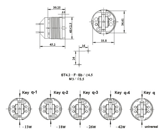 G24q GX24q four needle Plug in lamp holders diagram