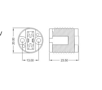 G9 ceramic lamp socket base with push terminals and 1/8IPS hickey Drawing size