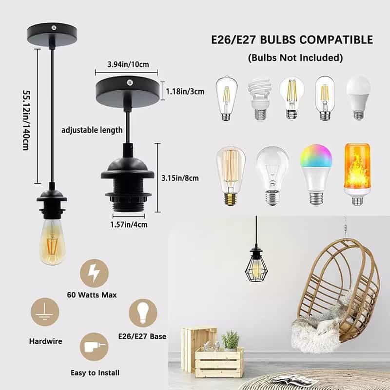 Pendant Light Kit Cord Cable Socket E27 Lamp Holder Adjustable Industrial Vintage Hanging Ceiling Lantern Light Fixture